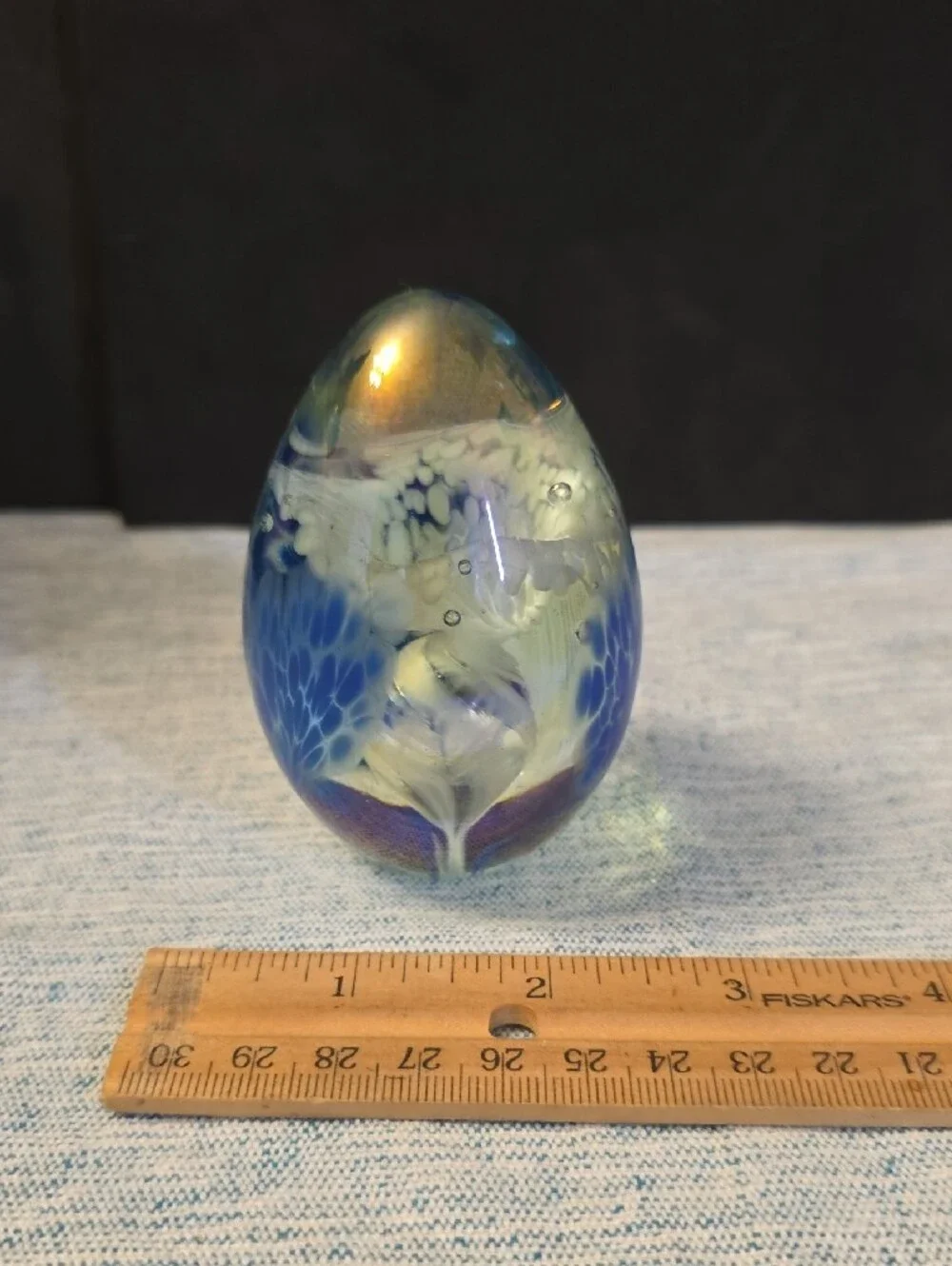 Vines Signed 1989 Handblown Blue Glass Egg Paperweight with Iridescent Detail